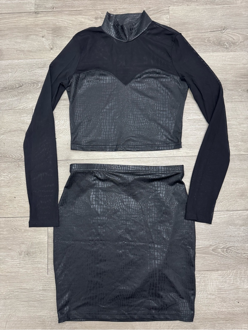 Black Faux Croc Two Piece Skirt Set Sheer Mesh Long Sleeve Small
